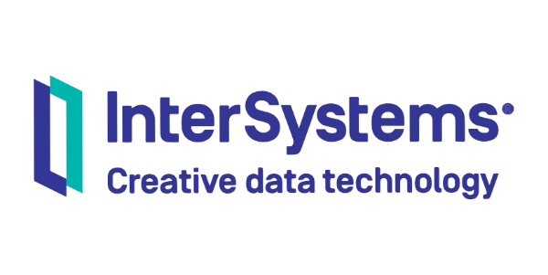Logotipo de InterSystems, una empresa de tecnología. El logotipo presenta un símbolo geométrico estilizado en azul y verde a la izquierda y el nombre de la empresa "InterSystems" en texto azul al lado. Debajo del nombre de la empresa se encuentra el lema "Tecnología de datos creativa" en texto azul más pequeño, reflejando su Estrategia Comunicacional.